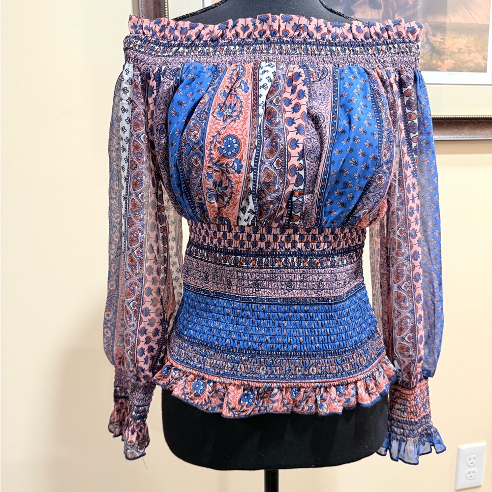 VENUS Blue and Pink Smocked Off-Shoulder Blouse